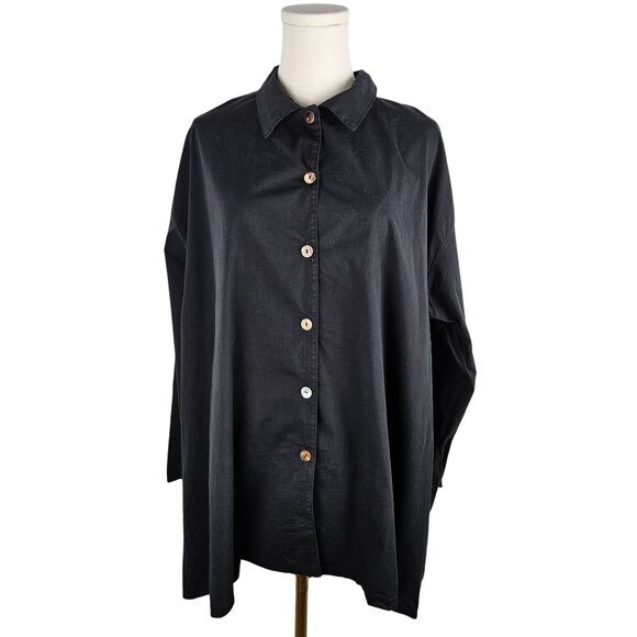Bryn Walker Shirt Size Large Black Button-Up Oversized Tunic Lagenlook Relaxed - Picture 1 of 10